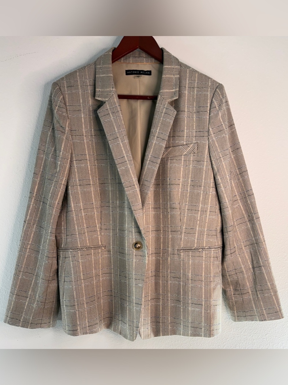 Antonio Melani Tan Houndstooth Plaid Blazer Single Button Prep Career Office 14